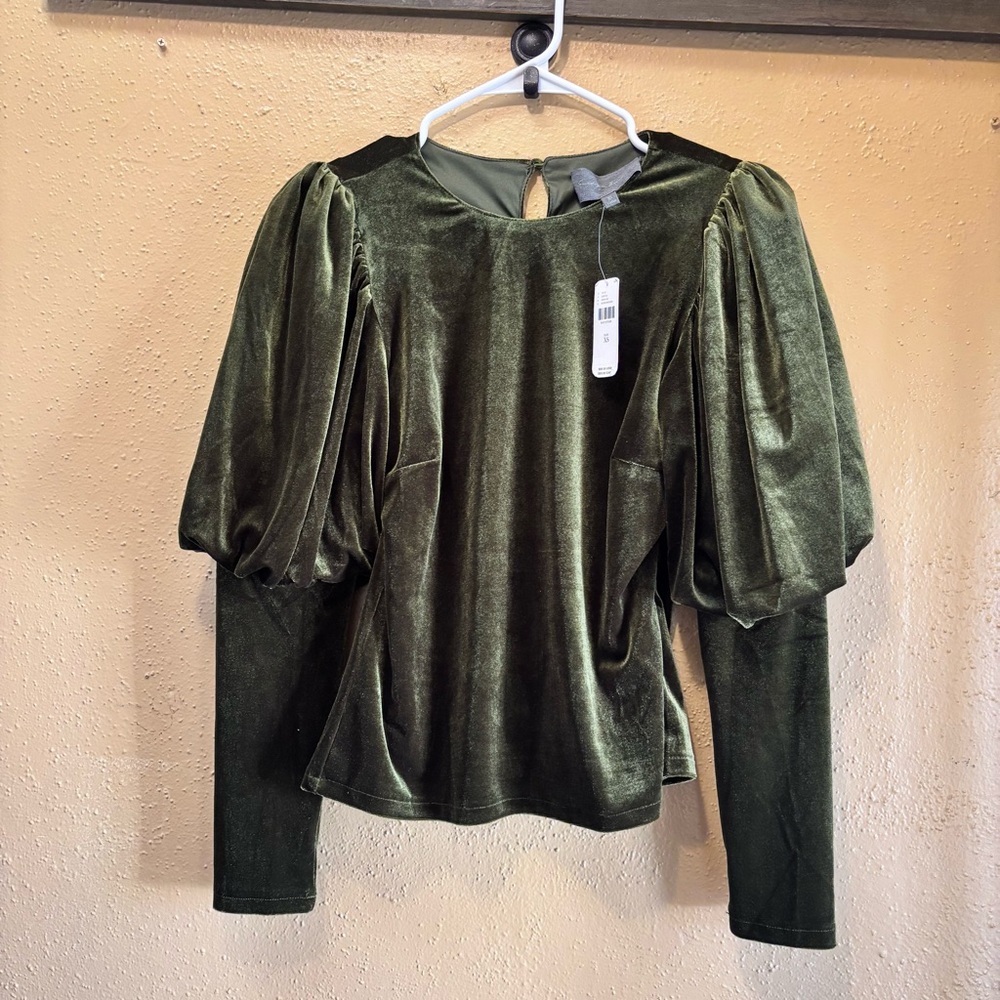 Sunday in Brooklyn Moss Green Velvet Puff Sleeve Top Blouse XS New With Tags - Picture 2 of 6
